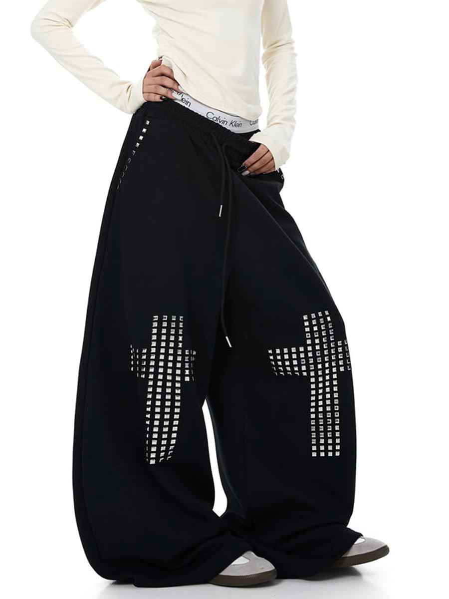Whysoil Pantalon de survêtement unisexe ample avec croix en strass