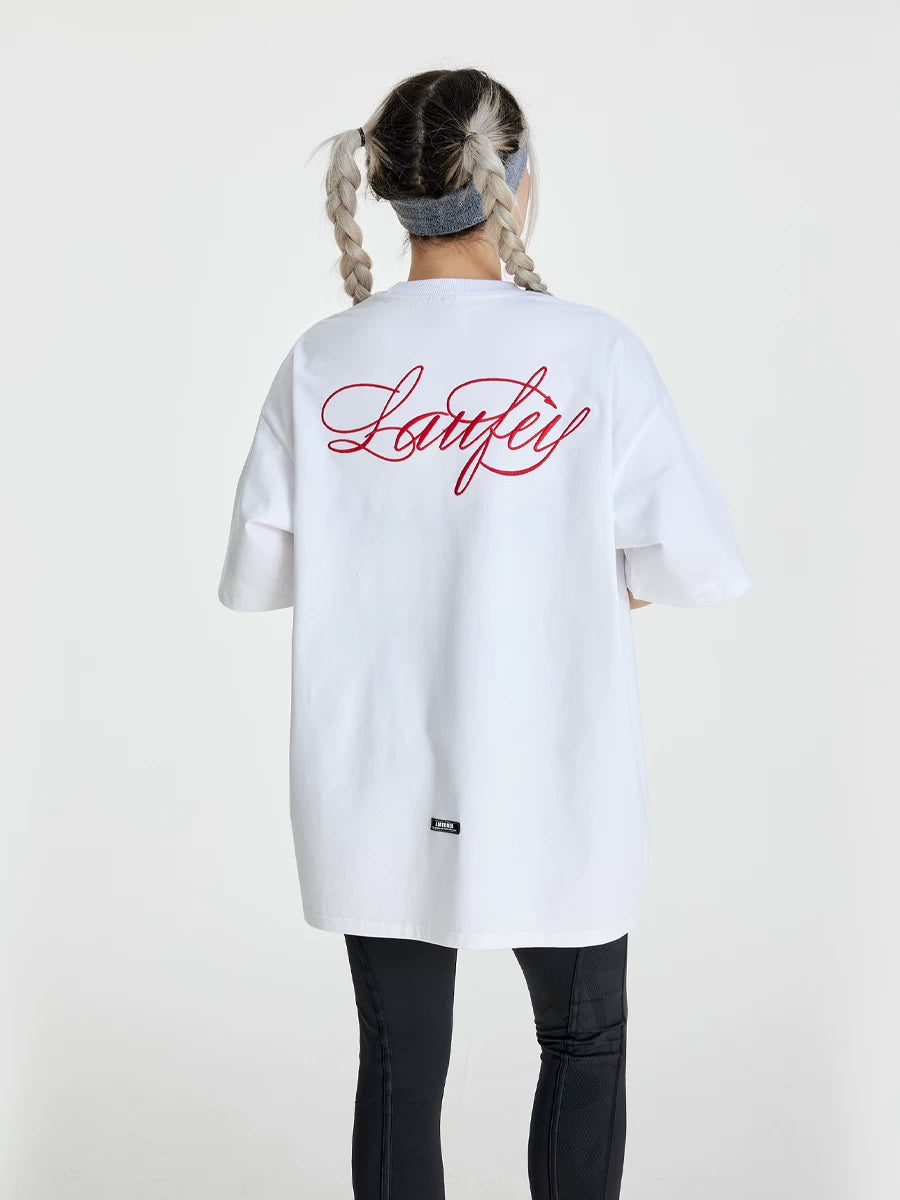 Whysoil Unisex Cursive Embroidered Oversized Black T-Shirt