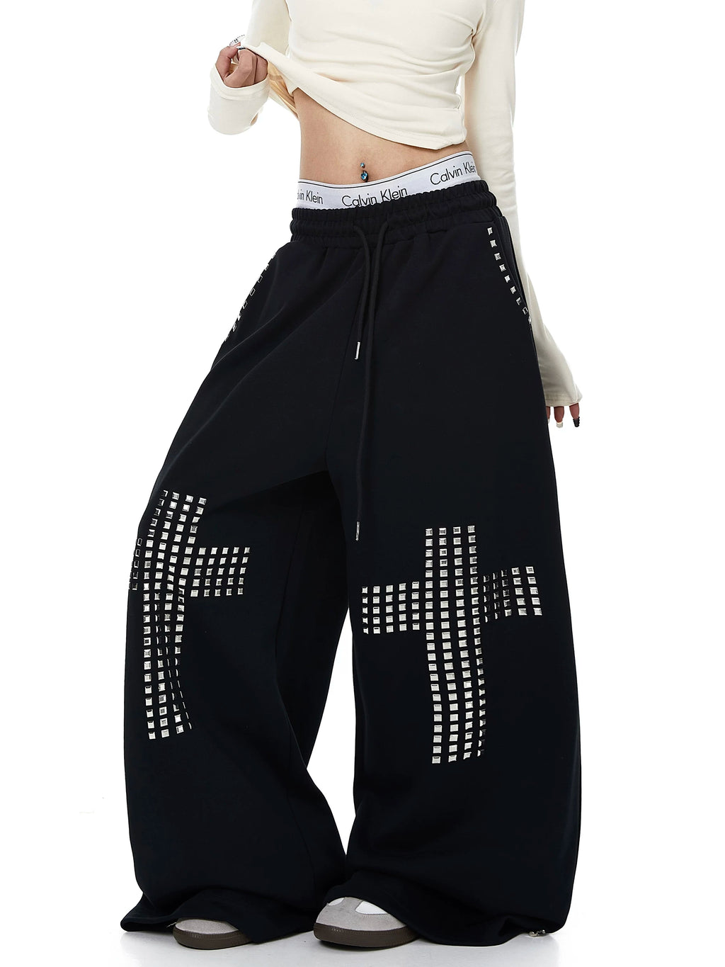 Whysoil Unisex Rhinestone Cross Wide-Leg Sweatpants