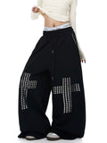 Whysoil Unisex Rhinestone Cross Wide-Leg Sweatpants