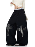Whysoil Unisex Rhinestone Cross Wide-Leg Sweatpants