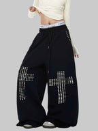 Whysoil Unisex Rhinestone Cross Wide-Leg Sweatpants