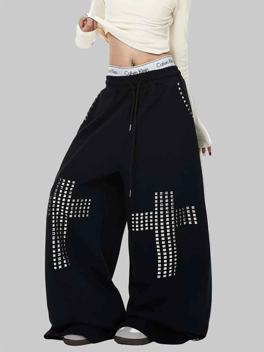 Whysoil Pantalon de survêtement unisexe ample avec croix en strass