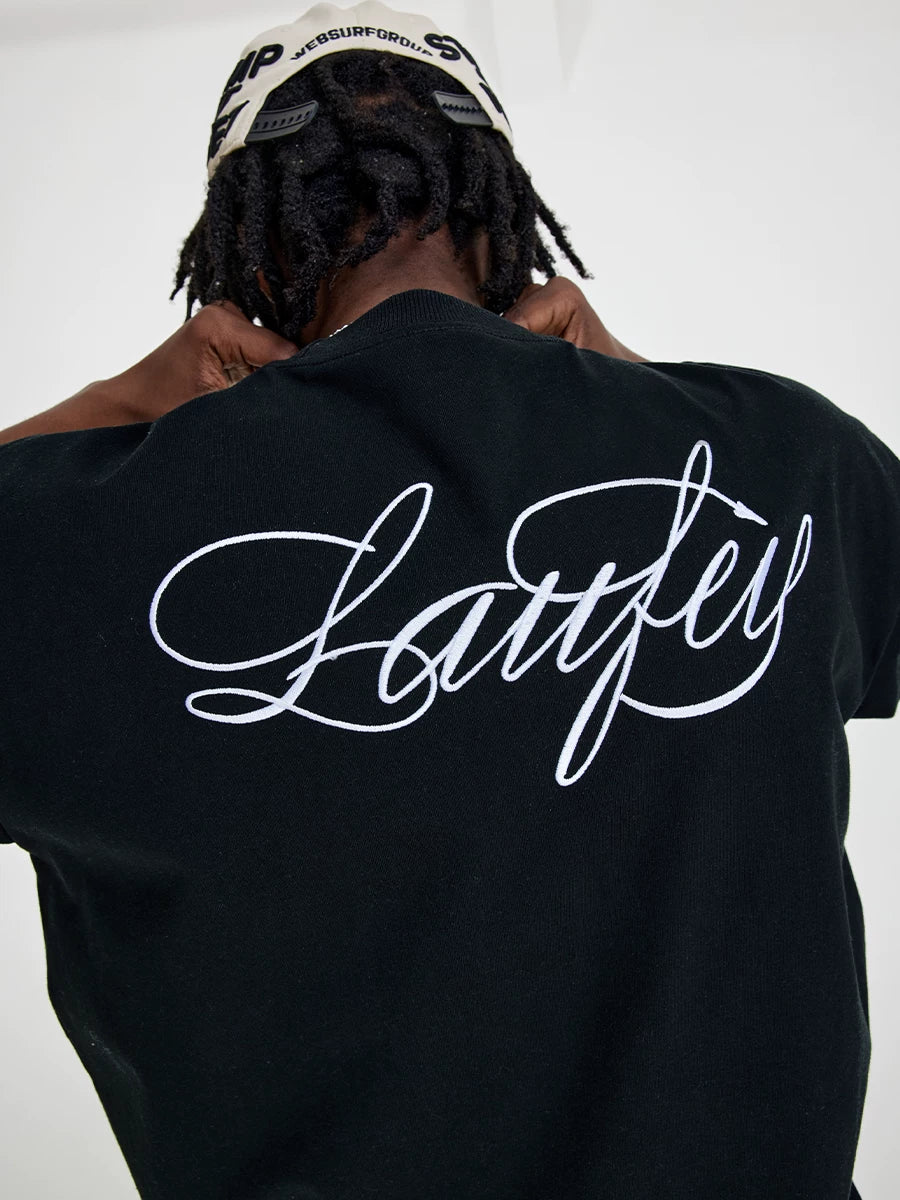 Whysoil Unisex Cursive Embroidered Oversized Black T-Shirt