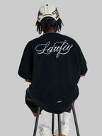 Whysoil Unisex Cursive Embroidered Oversized Black T-Shirt