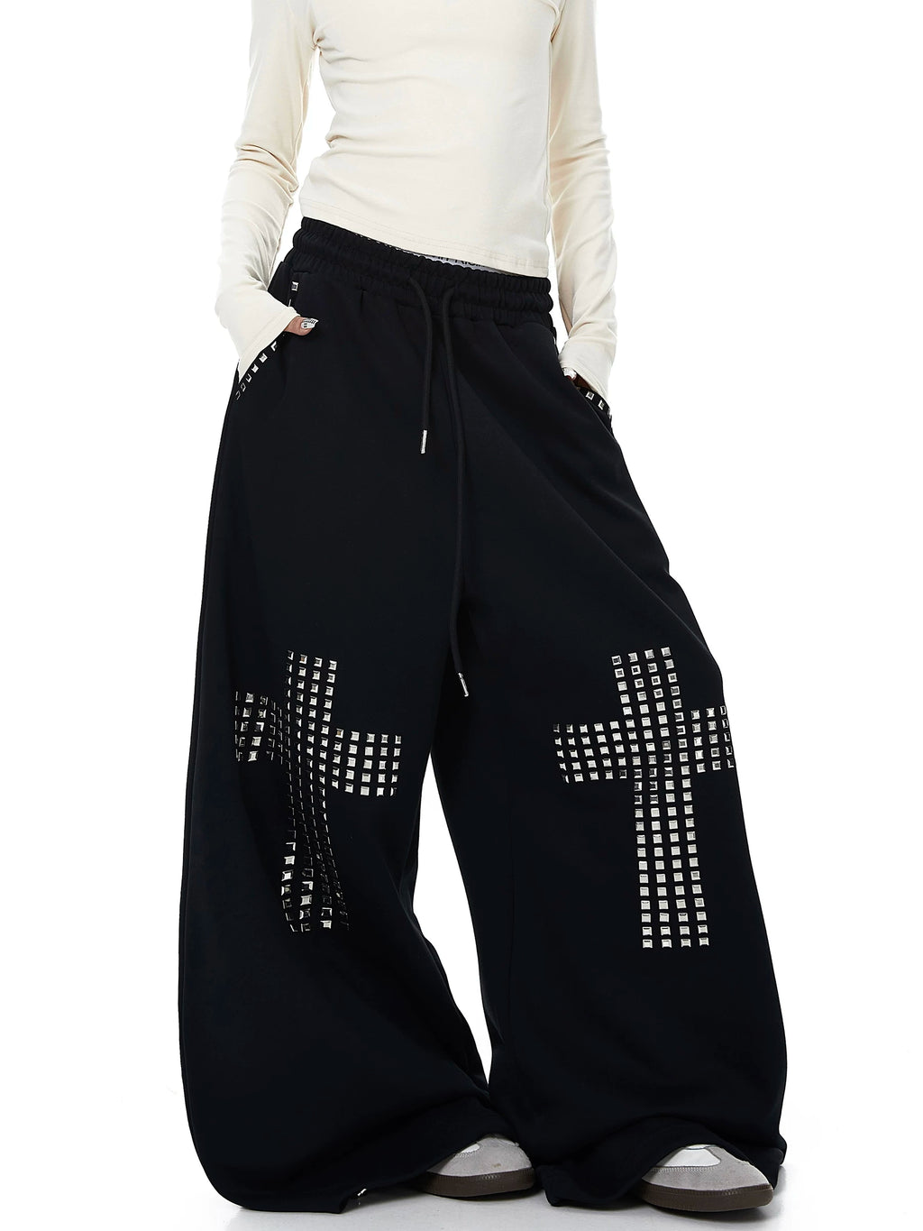 Whysoil Unisex Rhinestone Cross Wide-Leg Sweatpants