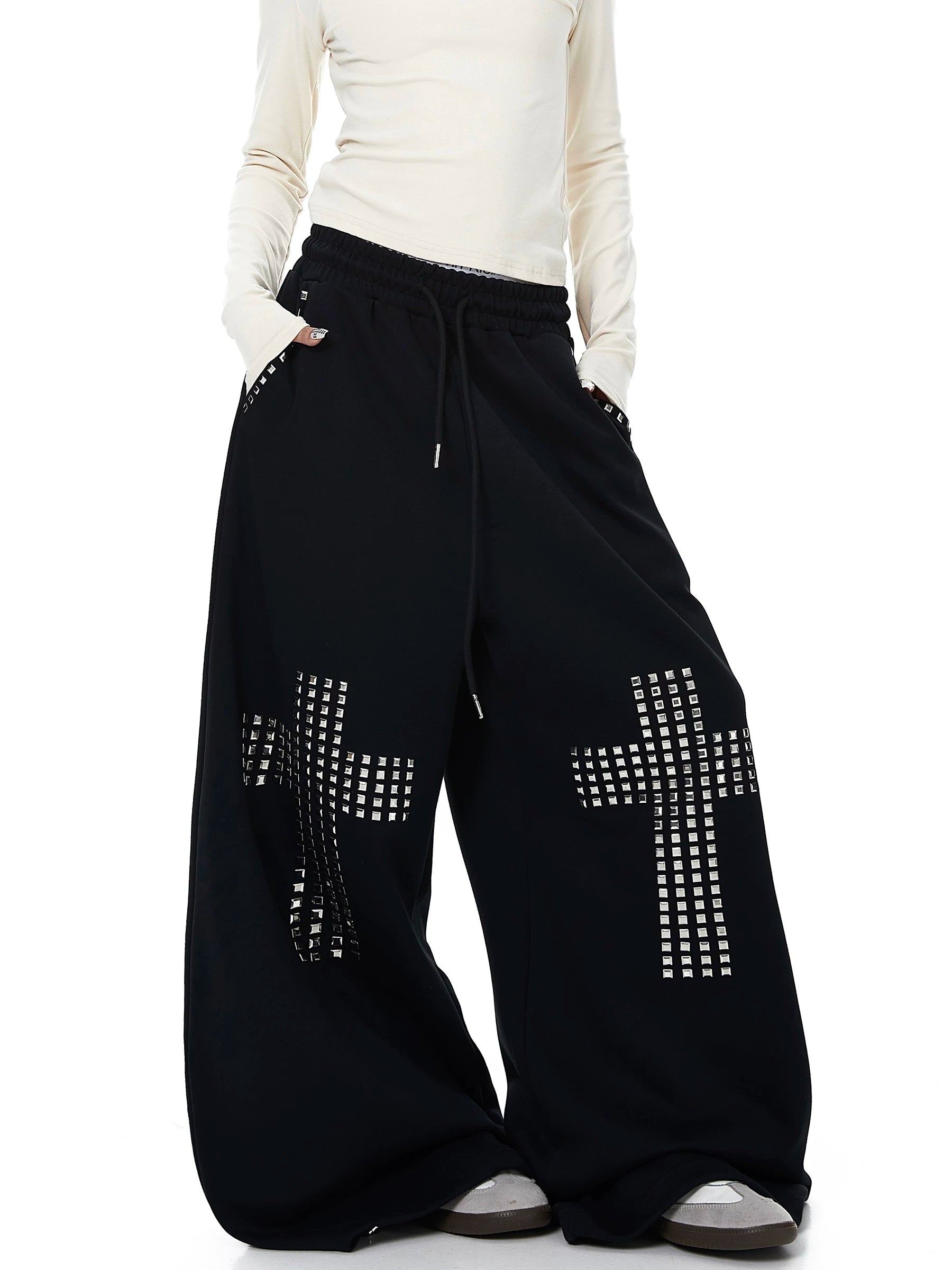 Whysoil Unisex Rhinestone Cross Wide-Leg Sweatpants