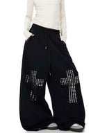 Whysoil Unisex Rhinestone Cross Wide-Leg Sweatpants