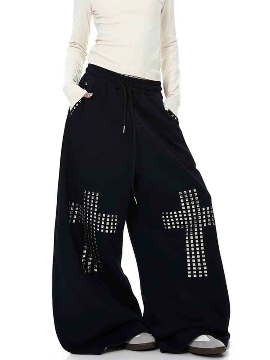 Whysoil Pantalon de survêtement unisexe ample avec croix en strass