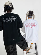Whysoil Unisex Cursive Embroidered Oversized Black T-Shirt