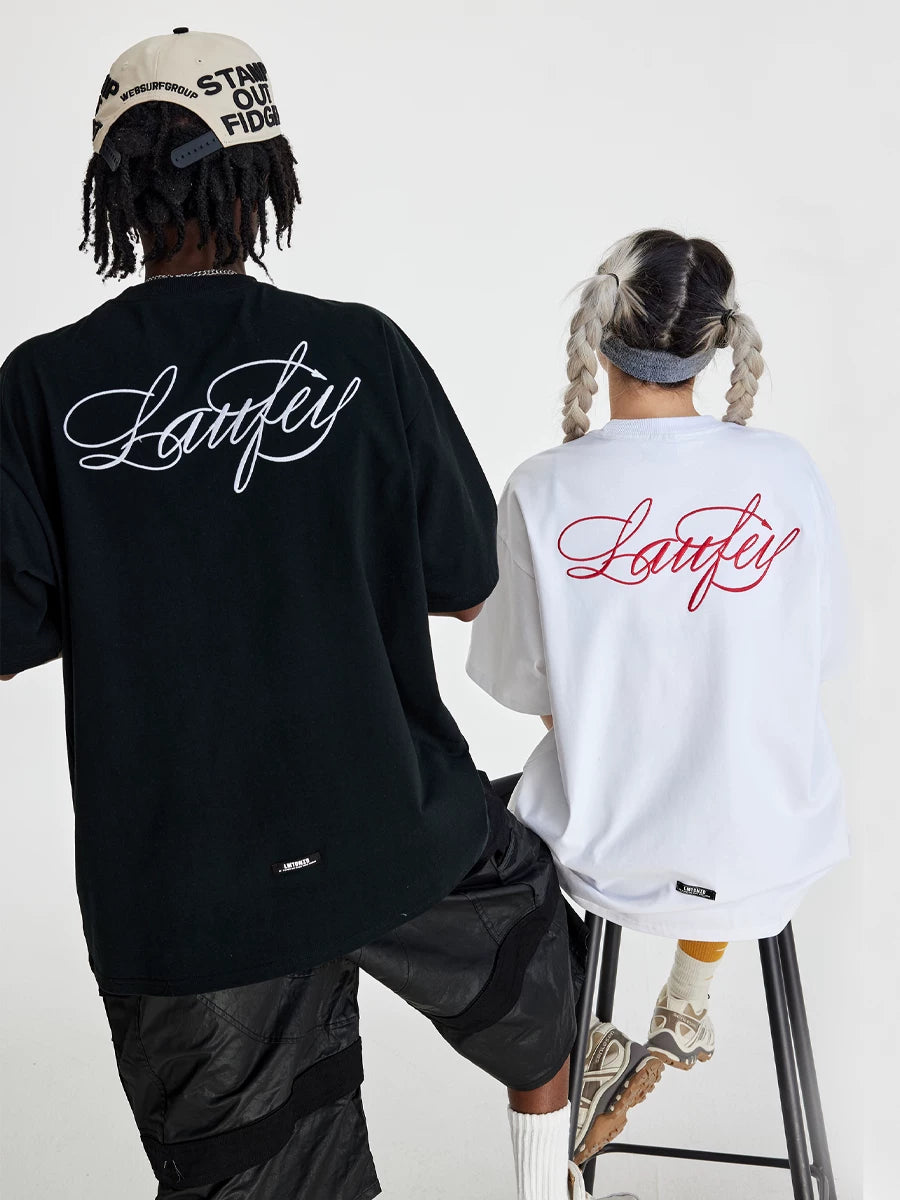 Whysoil Unisex Cursive Embroidered Oversized Black T-Shirt