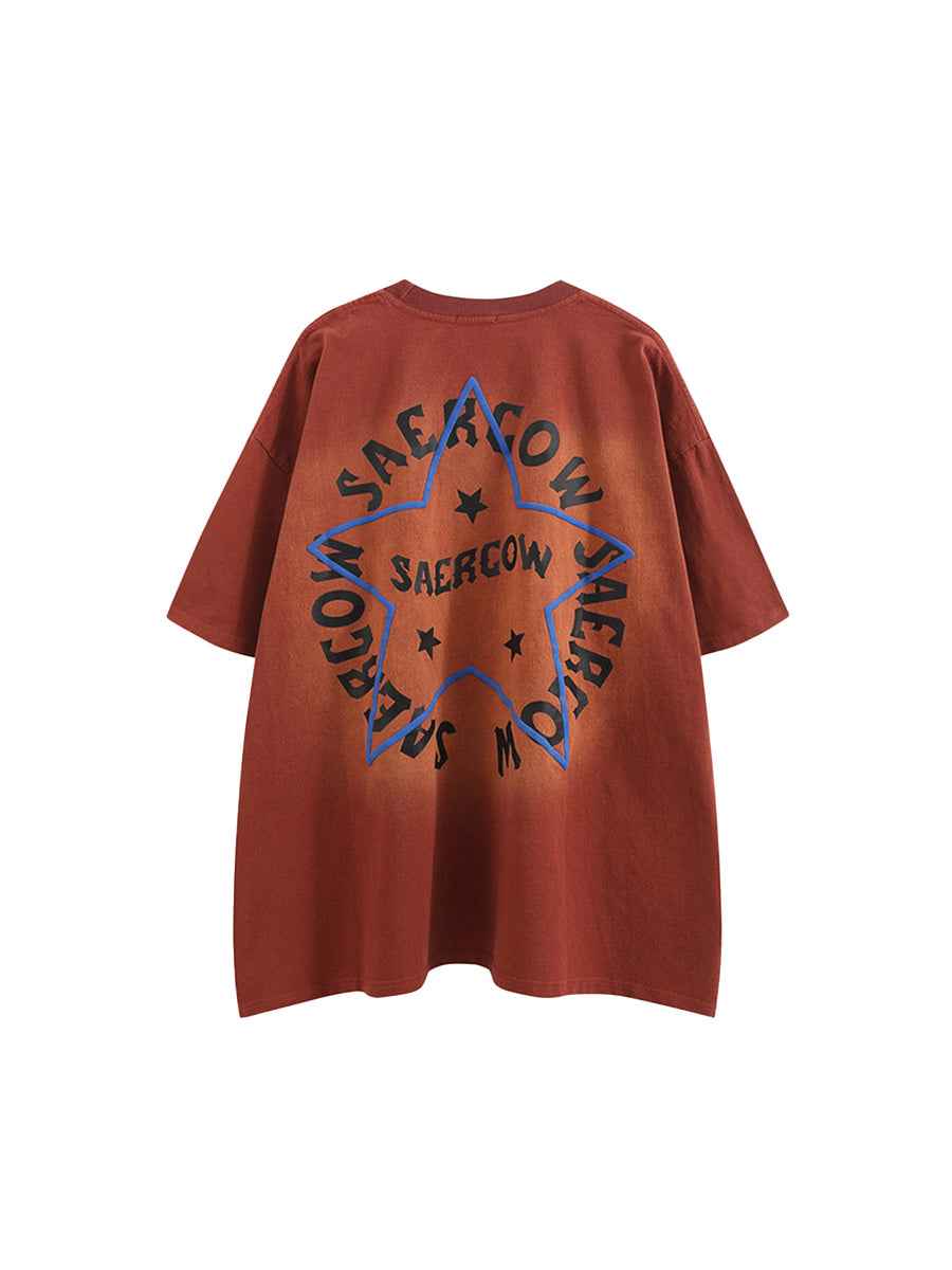 Whysoil-Front & Back Star Letter Gradient Washed Oversized Short Sleeve T-Shirt
