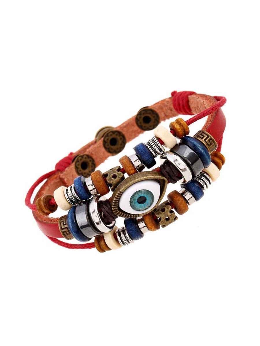 Whysoil-Evil Eye Multi Bead Adjustable Leather Cord Bohemian Stacked Bracelet