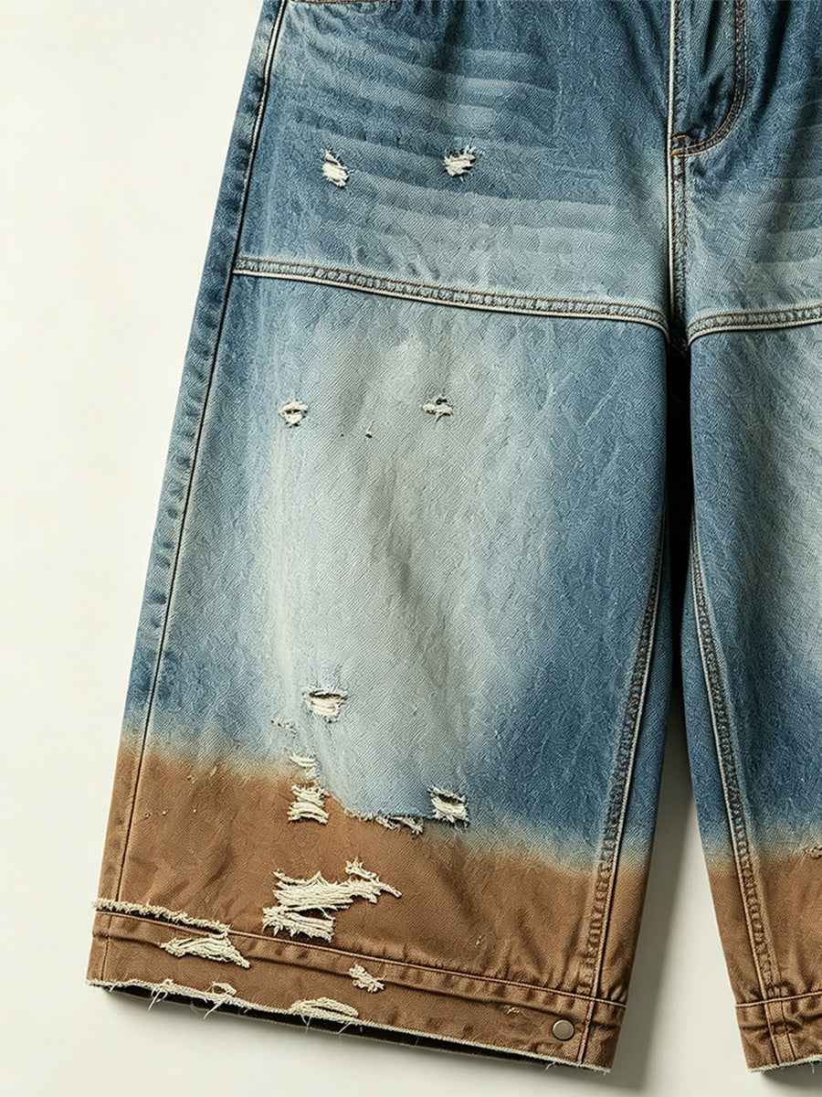 Gradient Distressed Vintage Denim Oversized Five-Point Shorts Tri-Color Earth Fade Wash | WHYSOIL