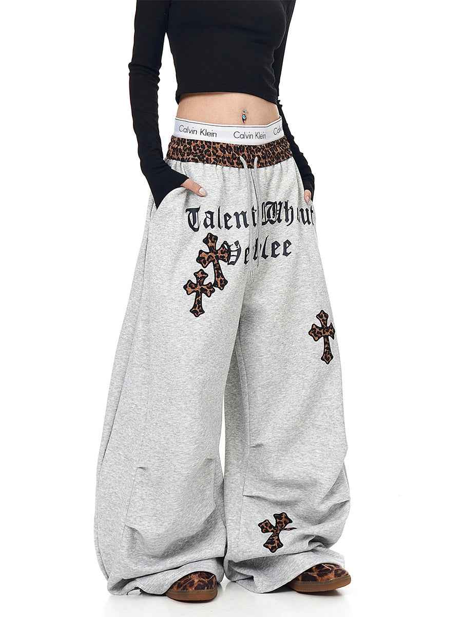 Whysoil-Leopard Waistband Cross Embroidery Gothic Letter Loose Harem Cargo Pants