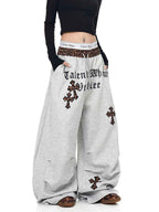 Whysoil-Leopard Waistband Cross Embroidery Gothic Letter Loose Harem Cargo Pants