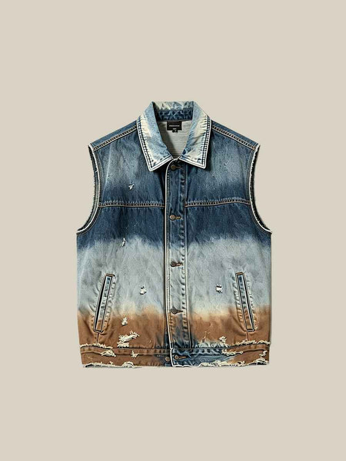 Gradient Distressed Vintage Denim Oversized Vest Tri-Color Earth Fade Wash | WHYSOIL