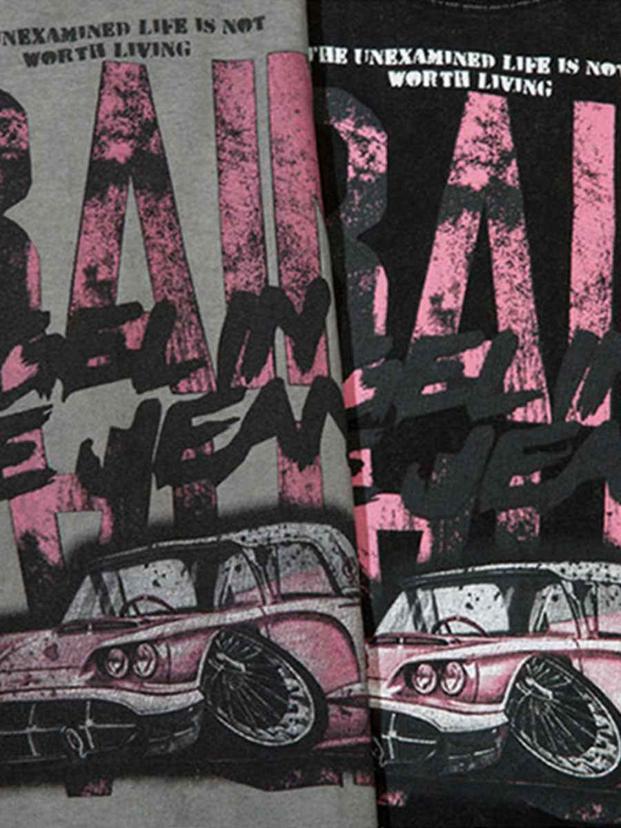 Whysoil-Vintage Classic Car Multi-Layer Slogan Print Washed Oversized T-Shirt
