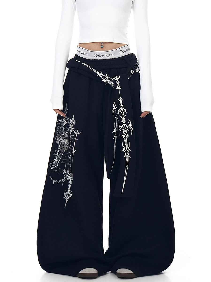 Whysoil-Ornate Sword Vertical Print Flap Pocket Baggy Wide Leg Casual Pants