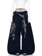 Whysoil-Ornate Sword Vertical Print Flap Pocket Baggy Wide Leg Casual Pants