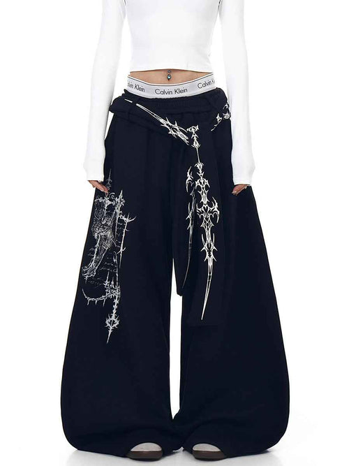 Whysoil-Ornate Sword Vertical Print Flap Pocket Baggy Wide Leg Casual Pants