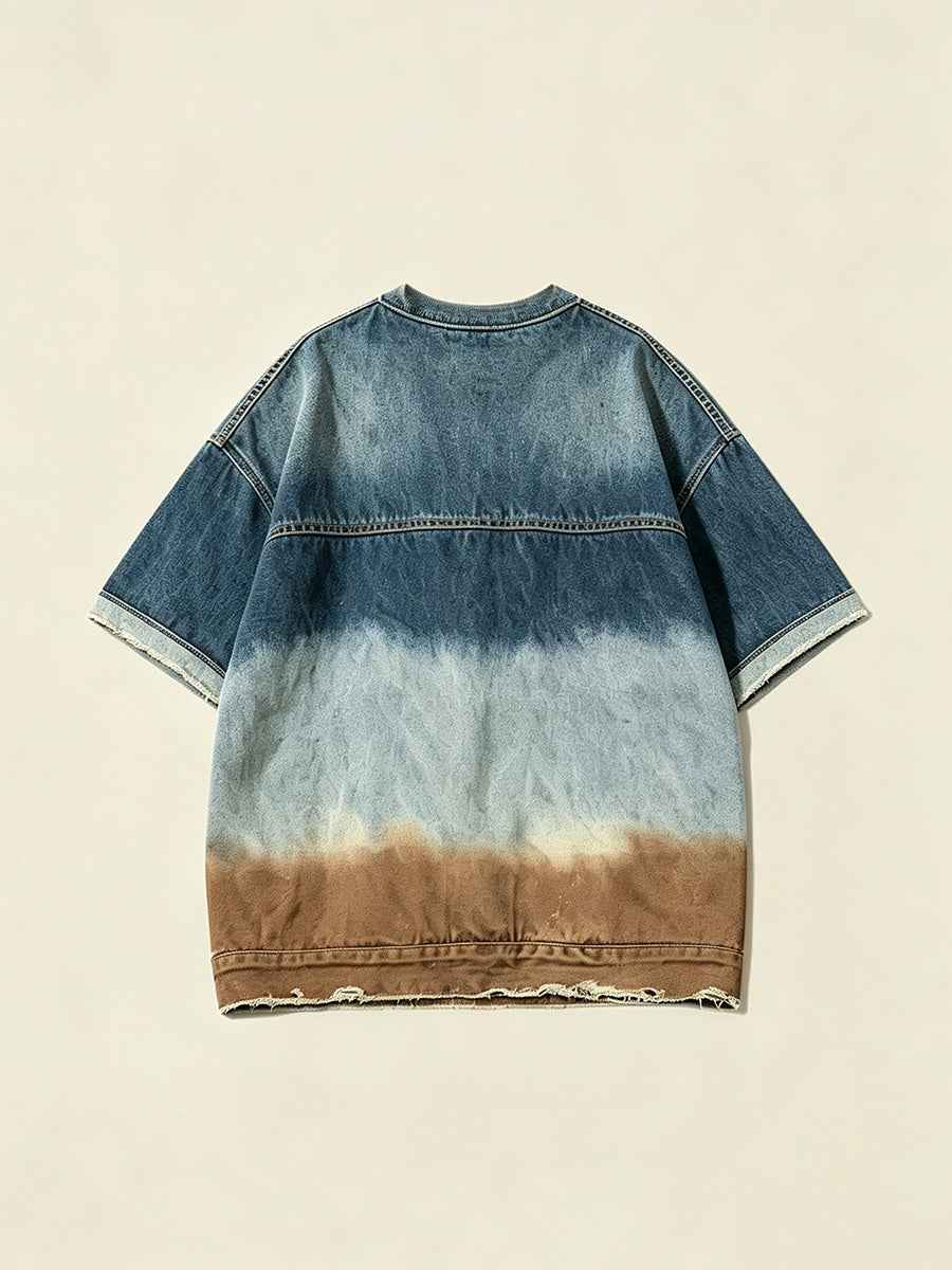 Gradient Distressed Vintage Denim Oversized Short Sleeve Tee Tri-Color Earth Fade Wash | WHYSOIL