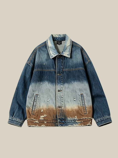 Gradient Distressed Vintage Denim Oversized Jacket Tri-Color Fade Wash | WHYSOIL