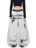 Whysoil-Leopard Waistband Cross Embroidery Gothic Letter Loose Harem Cargo Pants