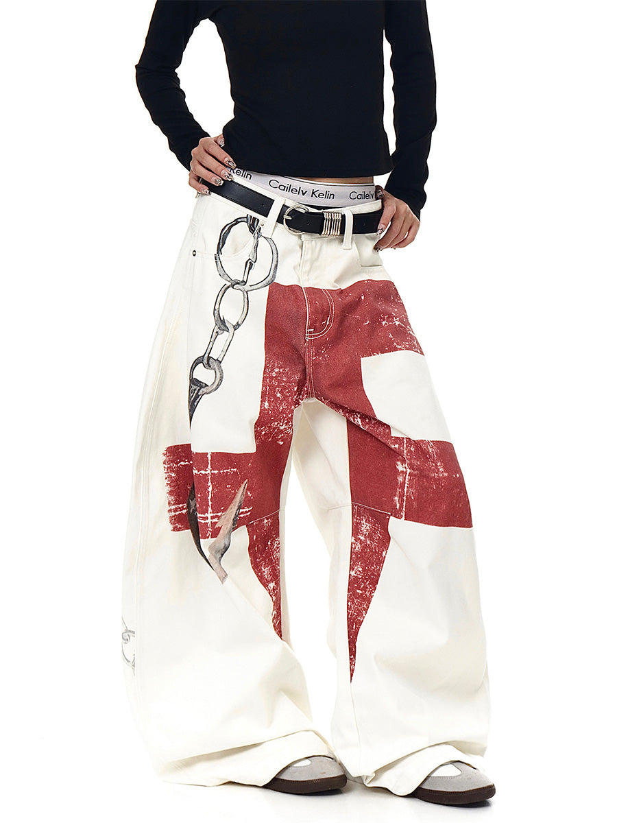 Whysoil-Distressed Red Cross Chain Hook Graphic Oversized Wide Leg Casual Pants