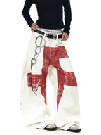 Whysoil-Distressed Red Cross Chain Hook Graphic Oversized Wide Leg Casual Pants