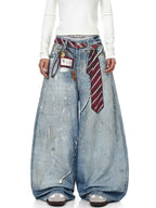 Whysoil-Detachable Stripe Tie Vintage Washed Distressed Balloon Wide Leg Jeans