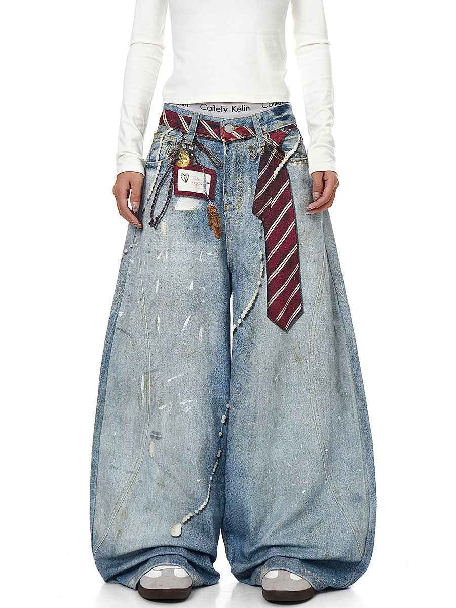 Whysoil-Detachable Stripe Tie Vintage Washed Distressed Balloon Wide Leg Jeans