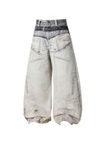 Whysoil-Double Layer Waist Lace-Up Front Stitch Detail Baggy Balloon Denim Pants