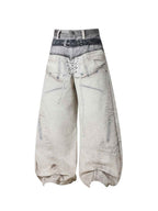 Whysoil-Double Layer Waist Lace-Up Front Stitch Detail Baggy Balloon Denim Pants