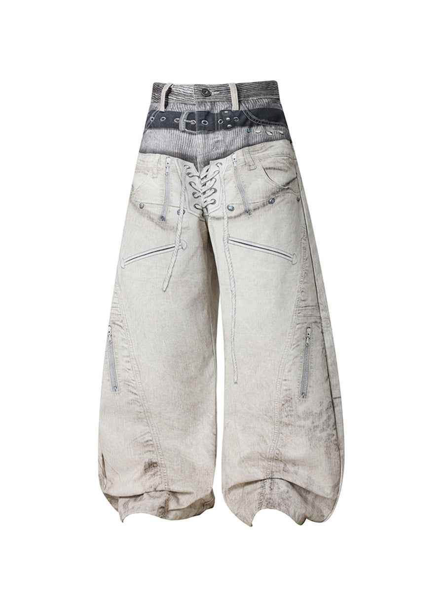 Whysoil-Double Layer Waist Lace-Up Front Stitch Detail Baggy Balloon Denim Pants