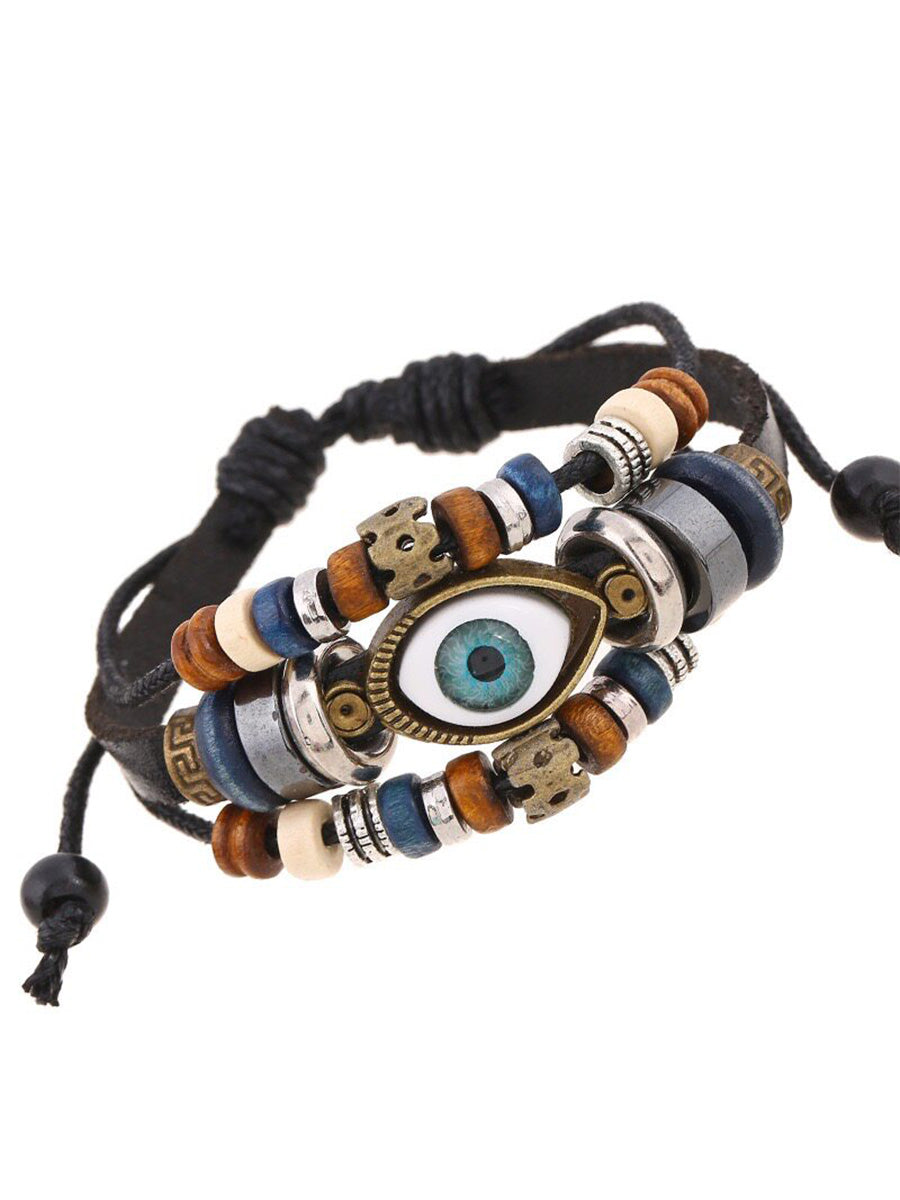 Whysoil-Evil Eye Multi Bead Adjustable Leather Cord Bohemian Stacked Bracelet