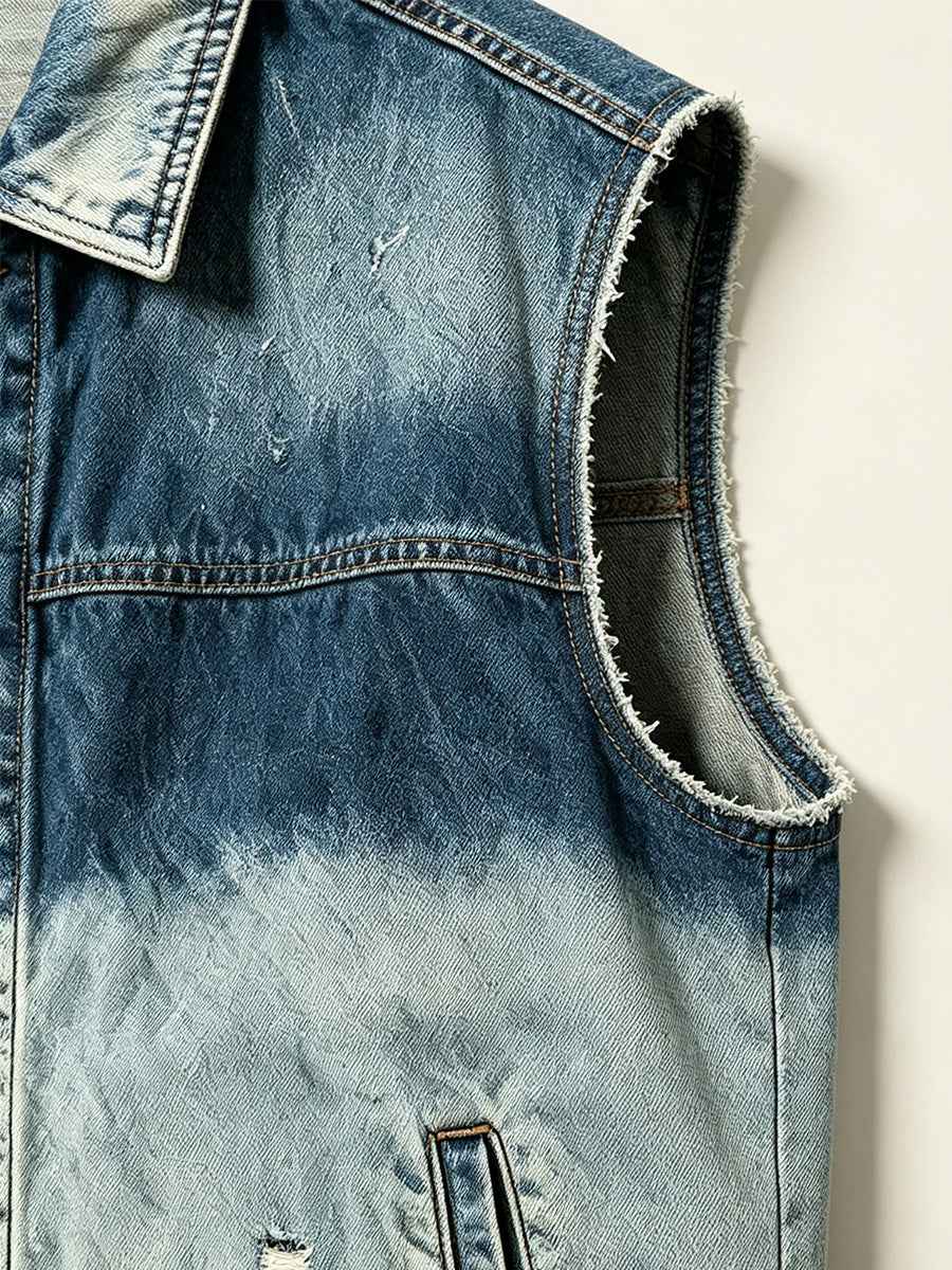 Gradient Distressed Vintage Denim Oversized Vest Tri-Color Earth Fade Wash | WHYSOIL
