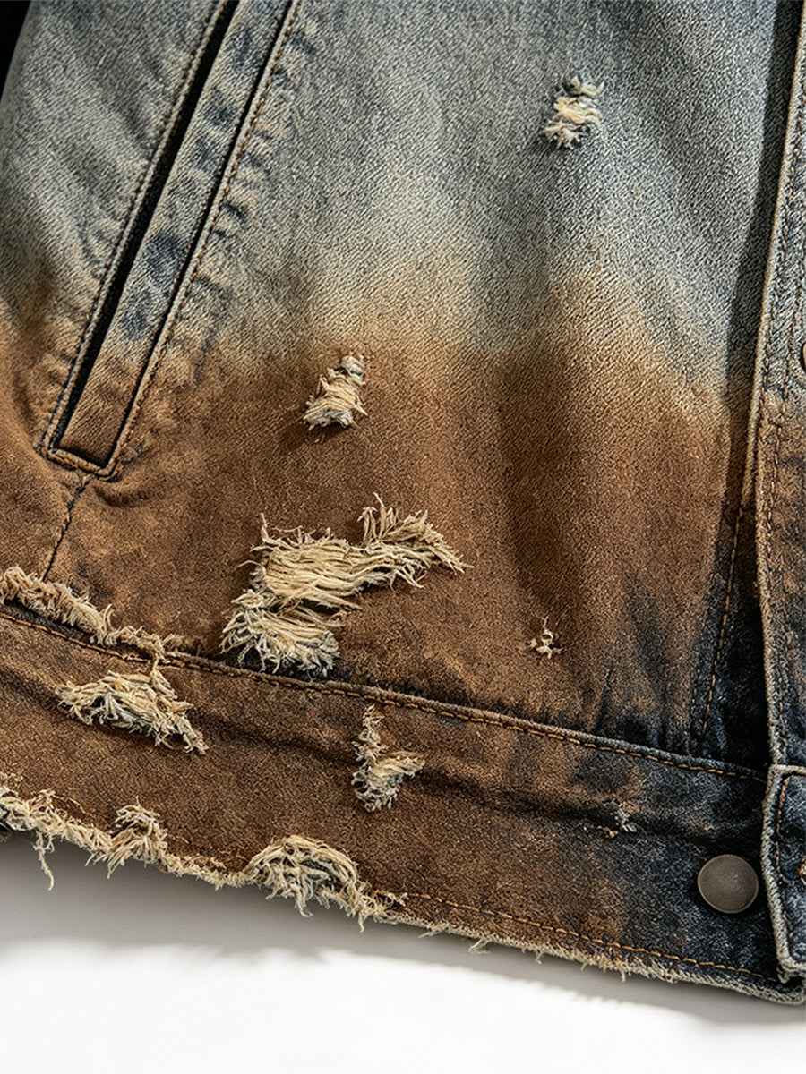 Gradient Distressed Vintage Denim Oversized Jacket Tri-Color Fade Wash | WHYSOIL