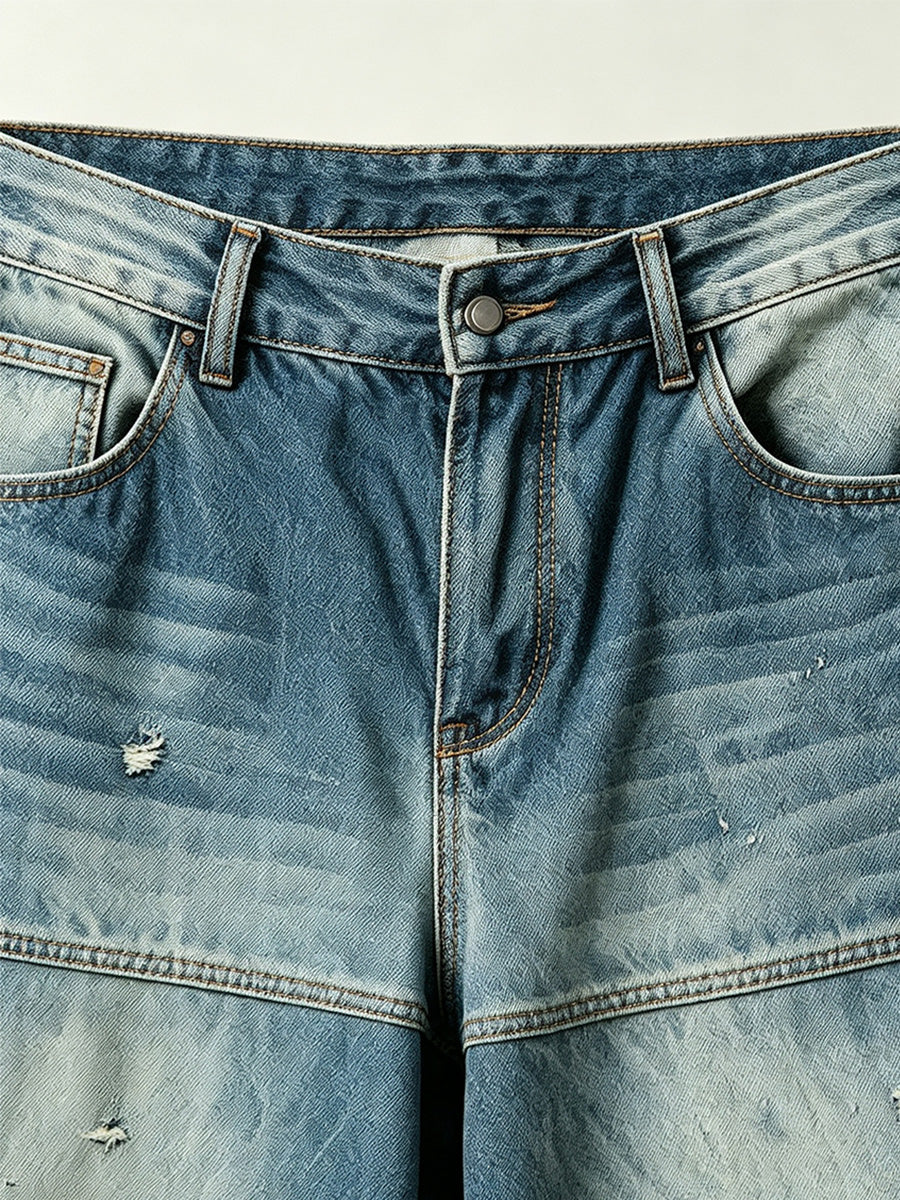 Gradient Distressed Vintage Denim Oversized Five-Point Shorts Tri-Color Earth Fade Wash | WHYSOIL