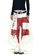 Whysoil-Distressed Red Cross Chain Hook Graphic Oversized Wide Leg Casual Pants