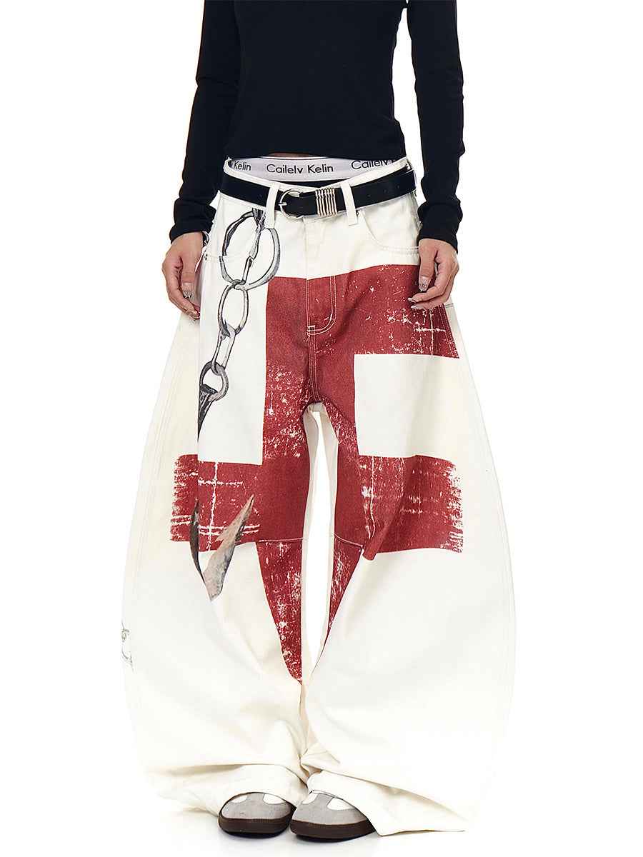 Whysoil-Distressed Red Cross Chain Hook Graphic Oversized Wide Leg Casual Pants