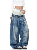 Whysoil-Plaid Spliced Waist Multi Label Patch Distressed Wide Leg Denim Pants