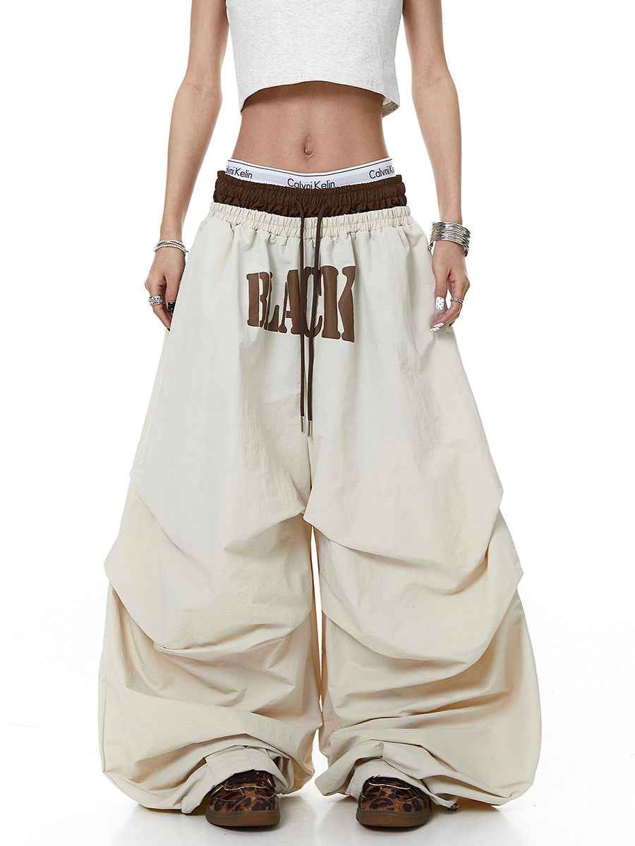 Whysoil-Bold Block Letter Print Ruched Wide Leg Drawstring Cargo Pants