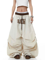 Whysoil-Bold Block Letter Print Ruched Wide Leg Drawstring Cargo Pants