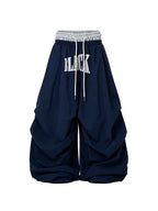 Whysoil-Bold Block Letter Print Ruched Wide Leg Drawstring Cargo Pants