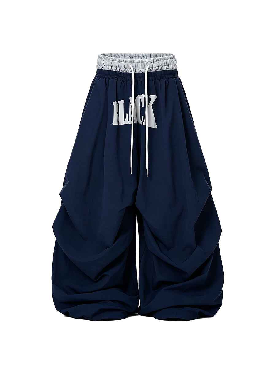 Whysoil-Bold Block Letter Print Ruched Wide Leg Drawstring Cargo Pants
