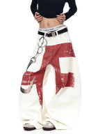 Whysoil-Distressed Red Cross Chain Hook Graphic Oversized Wide Leg Casual Pants