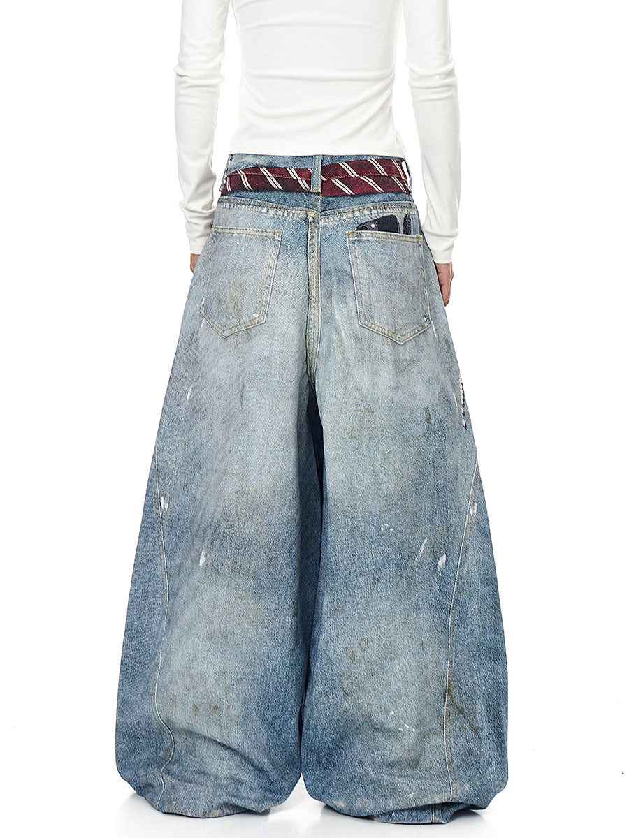 Whysoil-Detachable Stripe Tie Vintage Washed Distressed Balloon Wide Leg Jeans