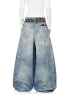 Whysoil-Detachable Stripe Tie Vintage Washed Distressed Balloon Wide Leg Jeans