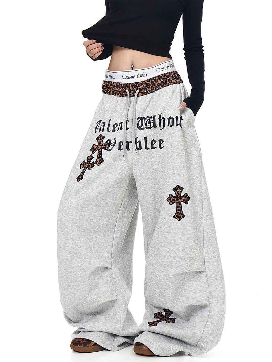 Whysoil-Leopard Waistband Cross Embroidery Gothic Letter Loose Harem Cargo Pants